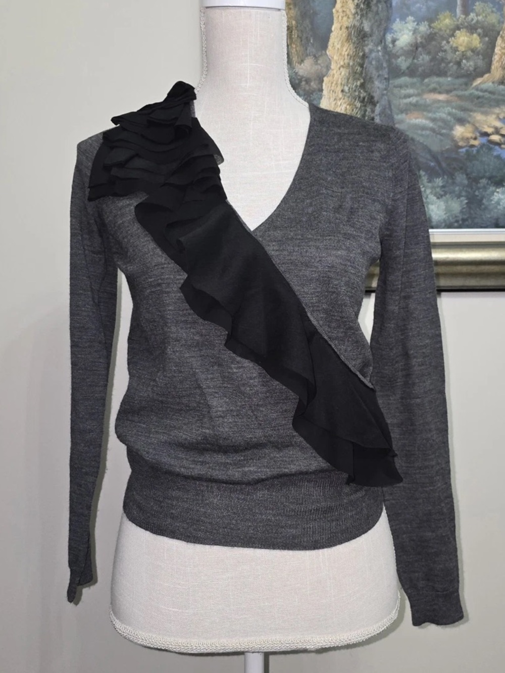 Ann Taylor Loft | Plunging Neck Wool Sweater Women Large LP Ruffle Long Sleeves